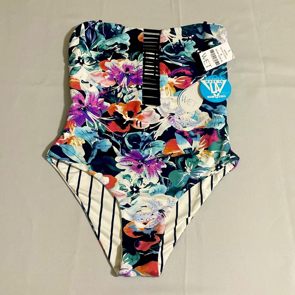 WET Women's Reversible Floral or Striped One-piece Swimsuit Size S